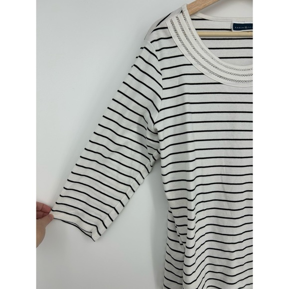Karen Scott Lattice-Neck Black White Stripe 3/4 Sleeve Top - Picture 3 of 5